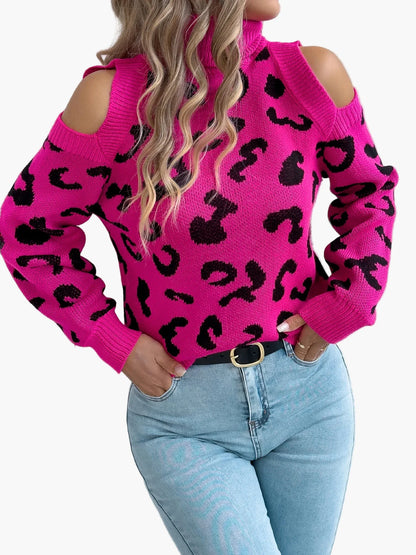 Pull femme tendance à épaules dénudées motif léopard style urbain