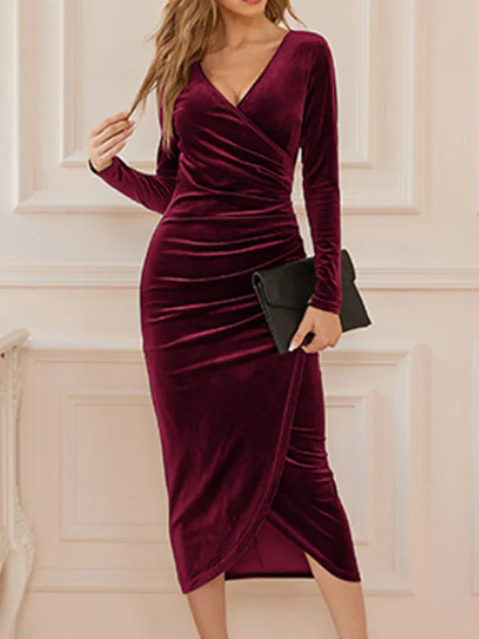 Sara – Robe Midi en Velours à Manches Longues