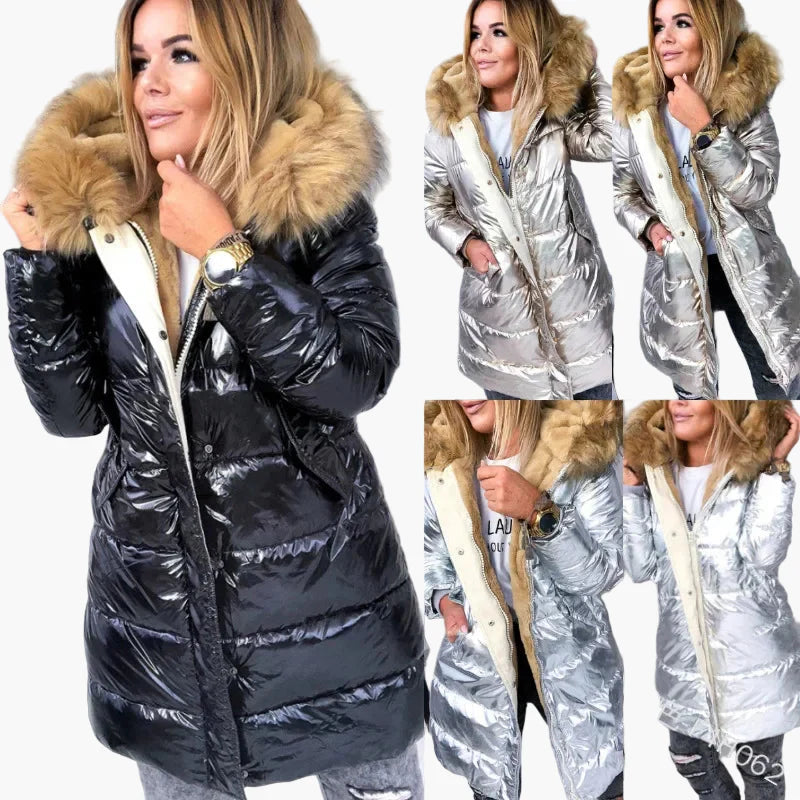 Manteau d'hiver épais style européen et américain pour femme – Capuche à fourrure, coupe longue, look moderne