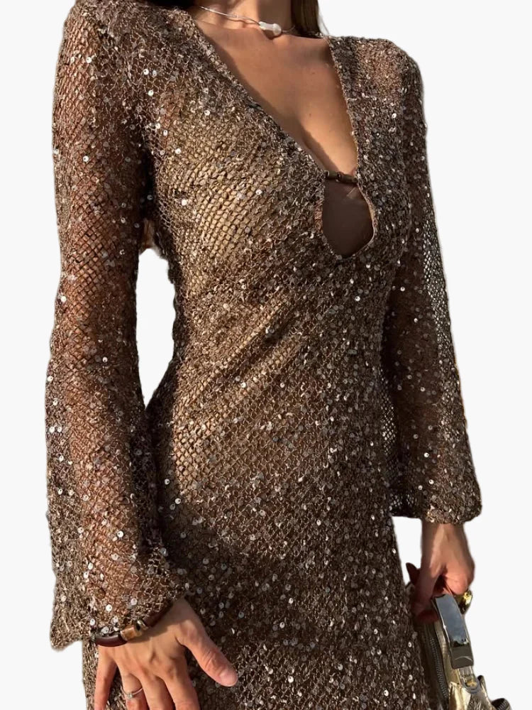 Robe de soirée femme élégante à sequins, style glamour, décolleté plongeant