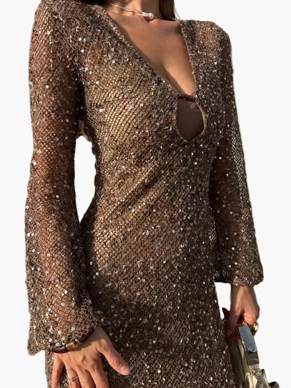 Robe de soirée femme élégante à sequins, style glamour, décolleté plongeant
