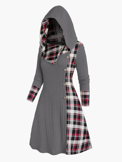Robe pull à capuche femme style chic décontracté avec motif écossais pour automne hiver