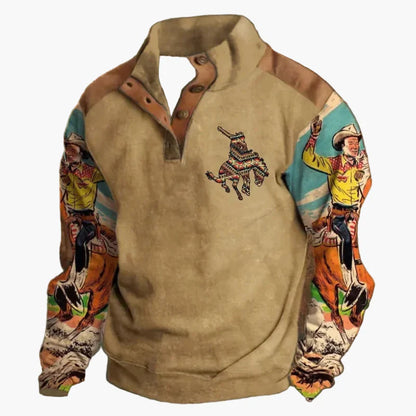 Sweat-shirt homme style western vintage à imprimé cow-boy, col montant, manches longues – Idéal pour l’hiver et les loisirs