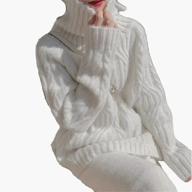 Pull col montant ample style coréen pour femme – Mode automne hiver, look doux et élégant