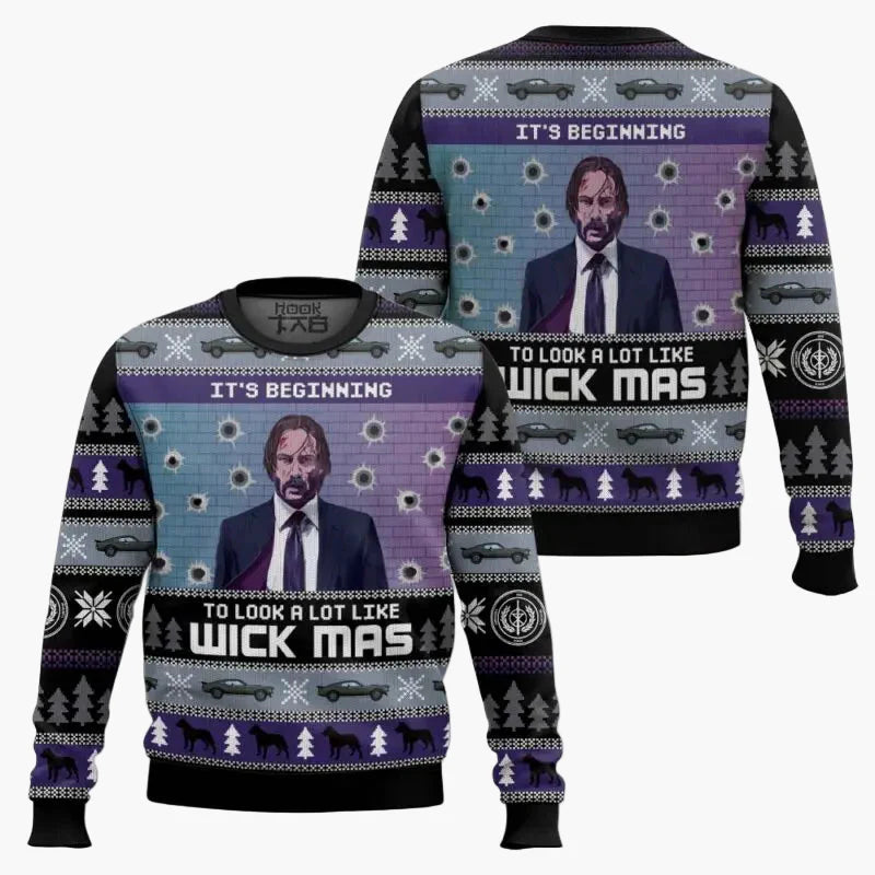 Pull de Noël homme style "Wick-Mas" drôle et original pour fans de cinéma – Sweatshirt festif à motif