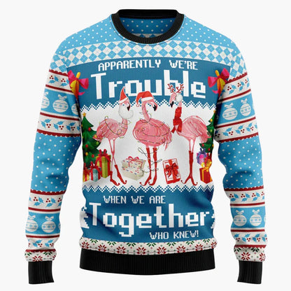 Pull de Noël fantaisie unisexe style "Ugly Christmas Sweater" avec flamants roses et message humoristique