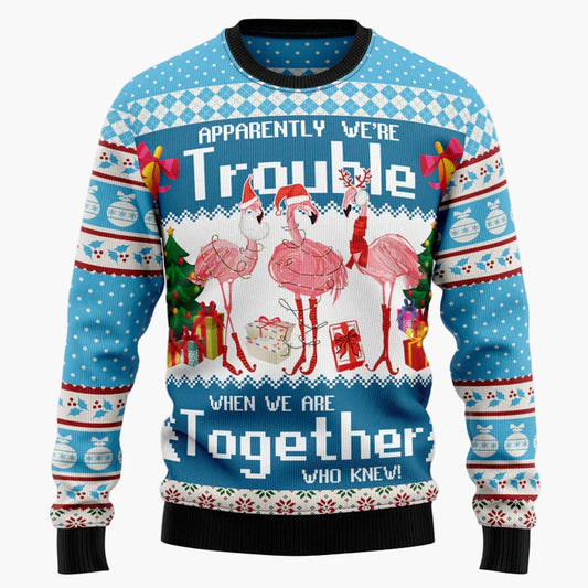 Pull de Noël fantaisie unisexe style "Ugly Christmas Sweater" avec flamants roses et message humoristique