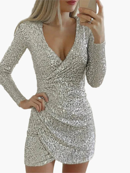 Robe Femme Élégante à Sequins Manches Longues pour Soirée et Fête