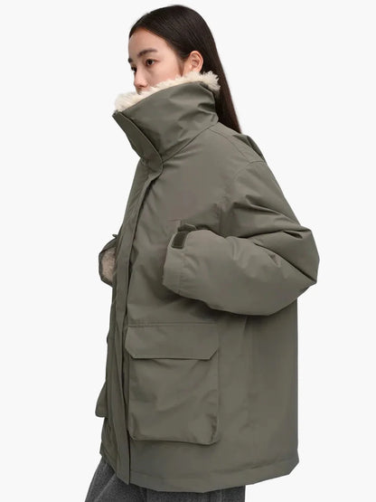 Manteau d'hiver femme style décontracté avec col doublé et poches larges