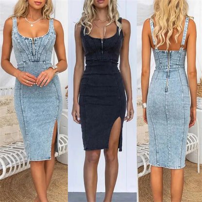 Sharon – Robe moulante en denim rétro sans manches pour femmes