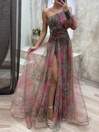 Robe Maxi à Imprimé Floral Asymétrique