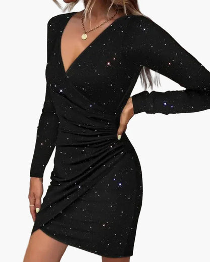 Robe Femme Élégante de Soirée à Manches Longues, Style Portefeuille, Look Galaxie, Chic et Moderne