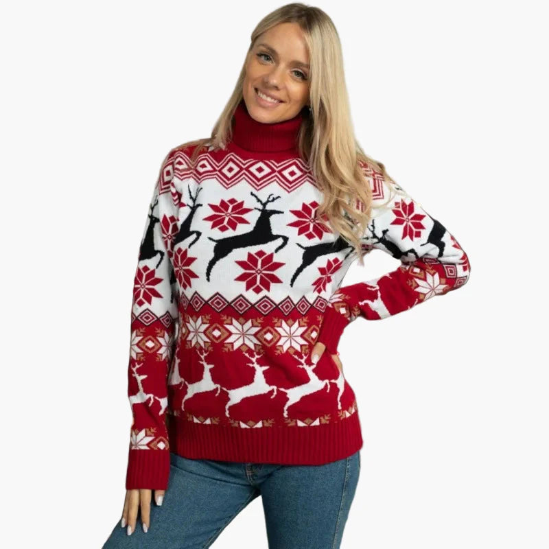 Pull de Noël à Col Montant pour Femme – Motifs Cerfs et Flocons, Style Hiver Festif