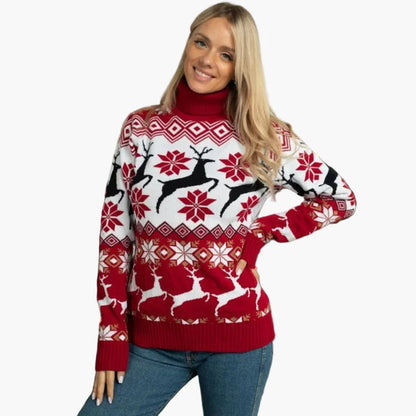 Pull de Noël à Col Montant pour Femme – Motifs Cerfs et Flocons, Style Hiver Festif