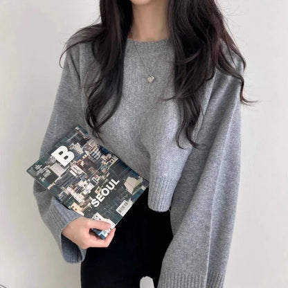 Pull court ample à manches longues pour femme, style décontracté moderne