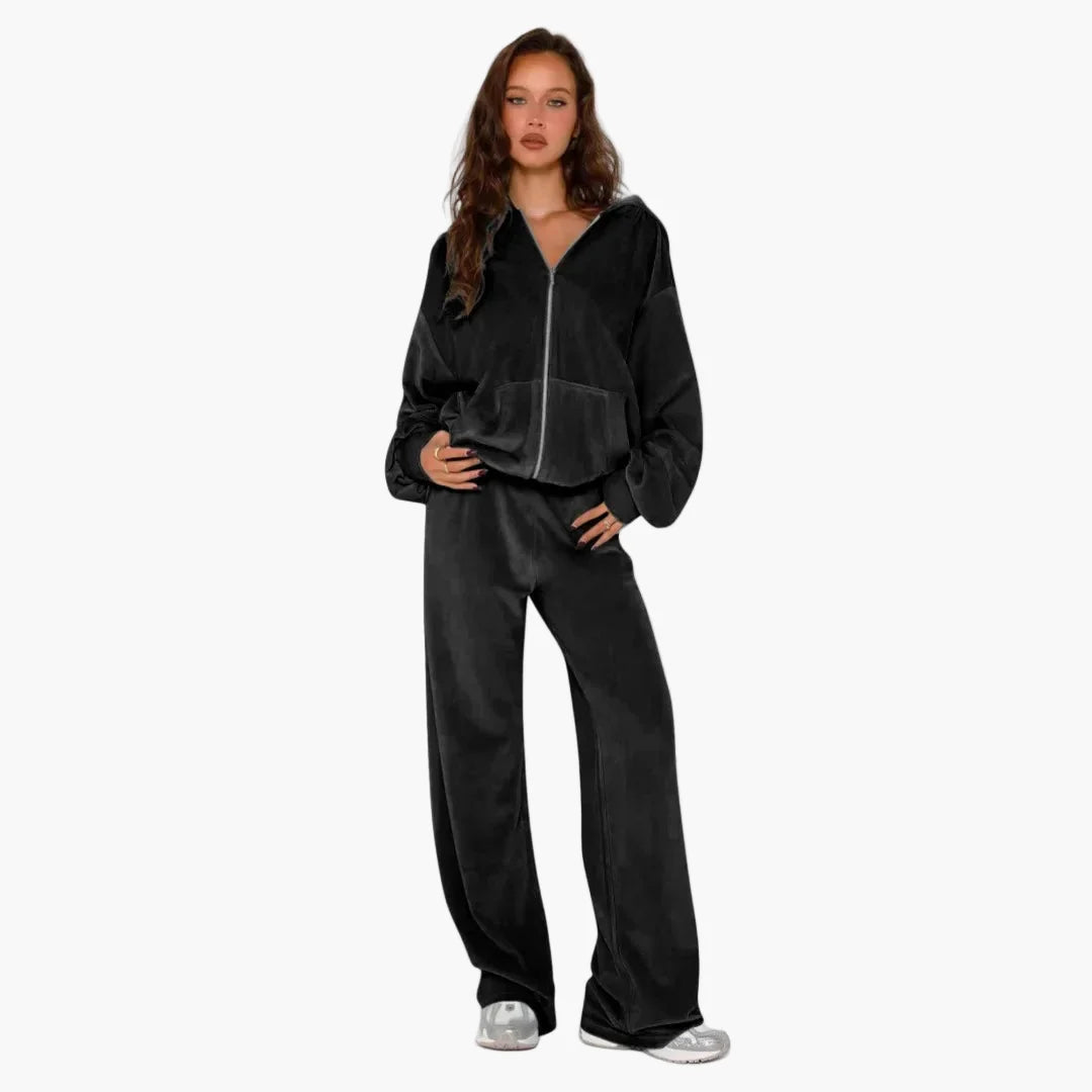 Ensemble Décontracté Style Coréen Femme – Veste à Capuche Zippée et Pantalon Large