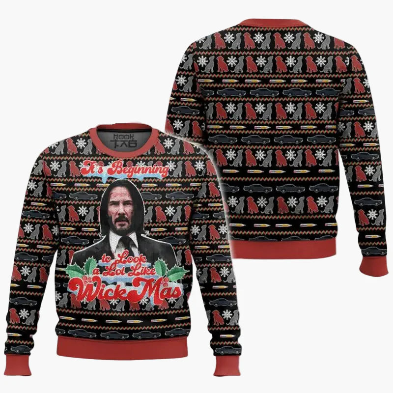 Pull de Noël homme style "Wick-Mas" drôle et original pour fans de cinéma – Sweatshirt festif à motif