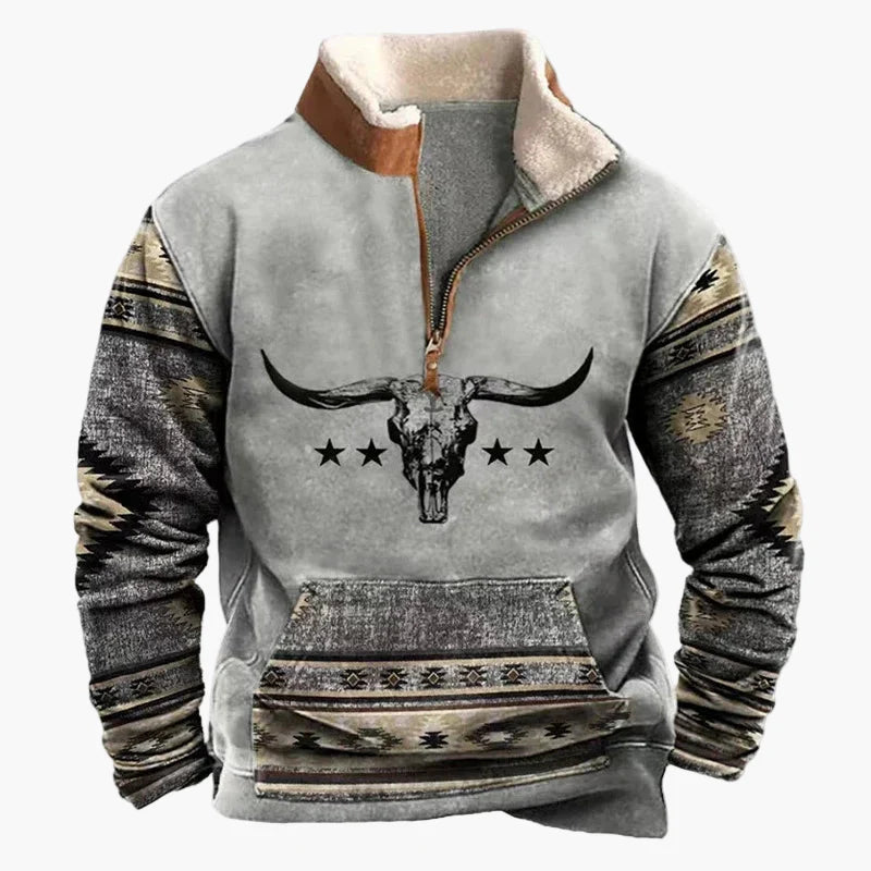 Sweat-shirt polaire homme style western à col zippé – Motifs ethniques et bisons
