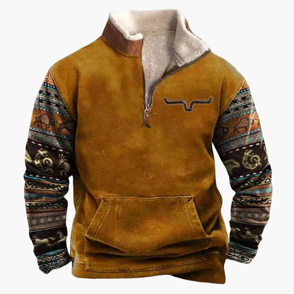 Sweat-shirt polaire homme style western à col zippé – Motifs ethniques et bisons