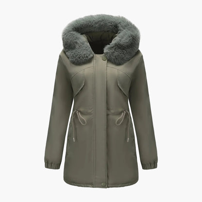 Manteau d'hiver à capuche pour femme, style élégant avec col en fausse fourrure