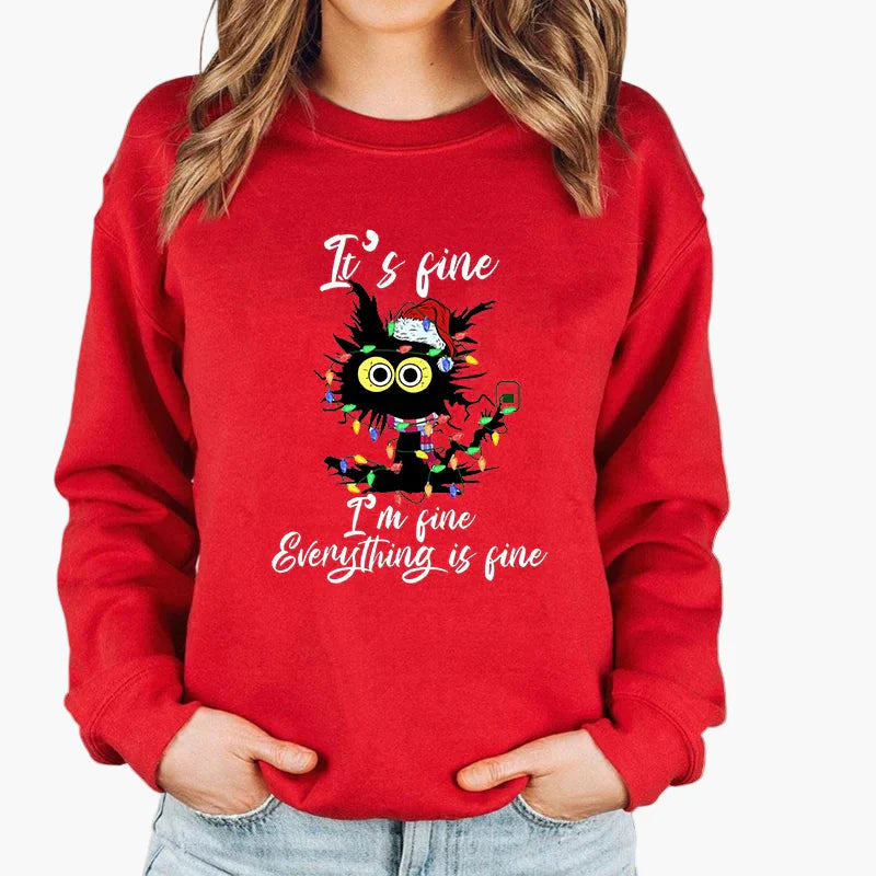 Sweatshirt Femme Style Noël avec Chat et Guirlandes Lumineuses – Idéal pour les Fêtes d’Hiver