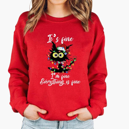 Sweatshirt Femme Style Noël avec Chat et Guirlandes Lumineuses – Idéal pour les Fêtes d’Hiver