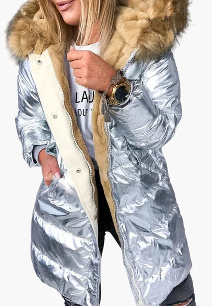 Manteau d'hiver épais style européen et américain pour femme – Capuche à fourrure, coupe longue, look moderne