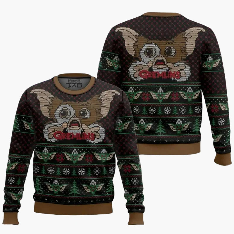 Pull de Noël unisexe style geek Gremlins – Sweat festif à motif Gizmo