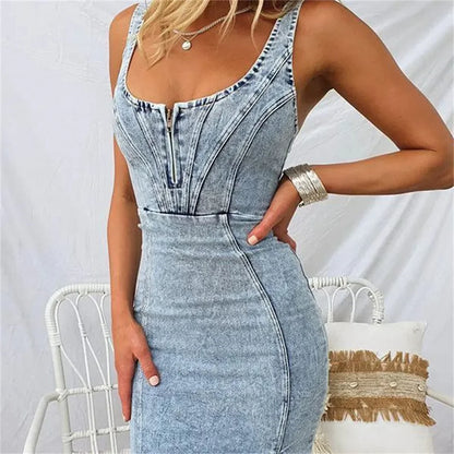 Sharon – Robe moulante en denim rétro sans manches pour femmes