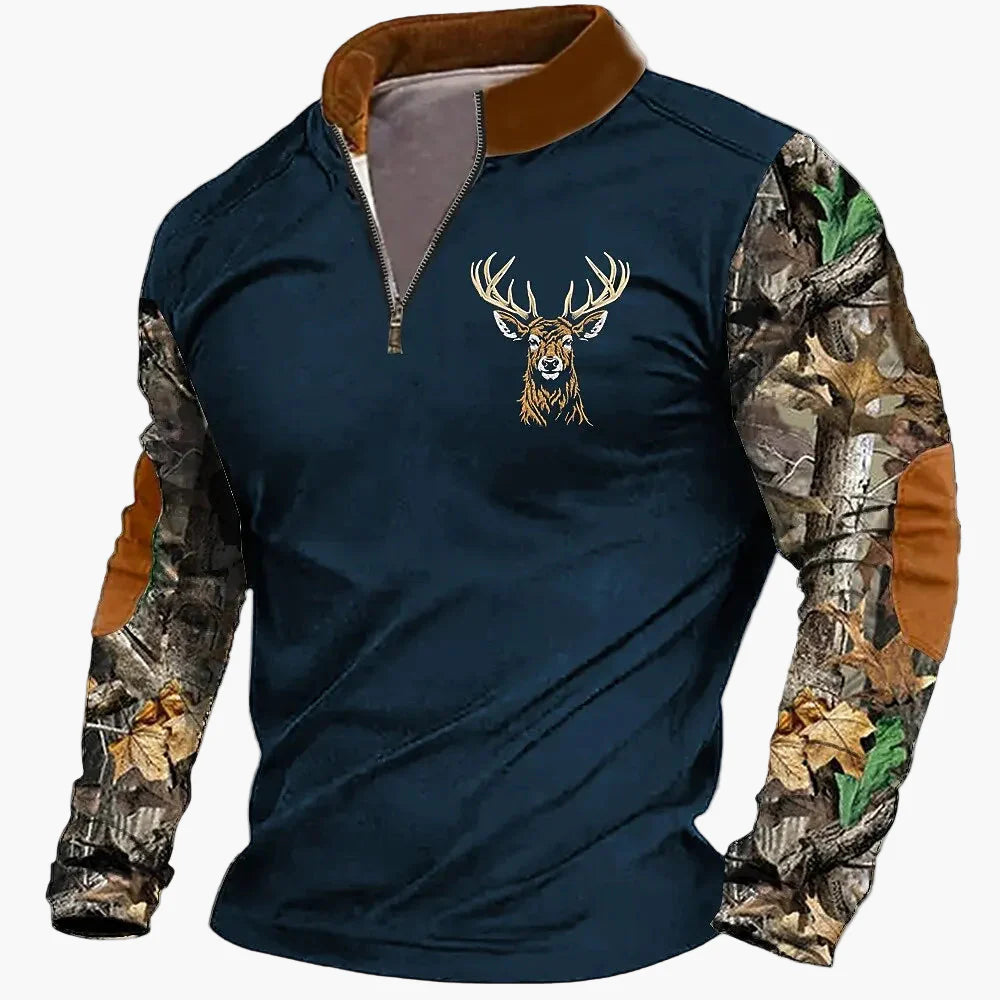 Sweat-shirt Homme Demi-zip Style Chasse Motif Cerf – Décontracté et Tendance