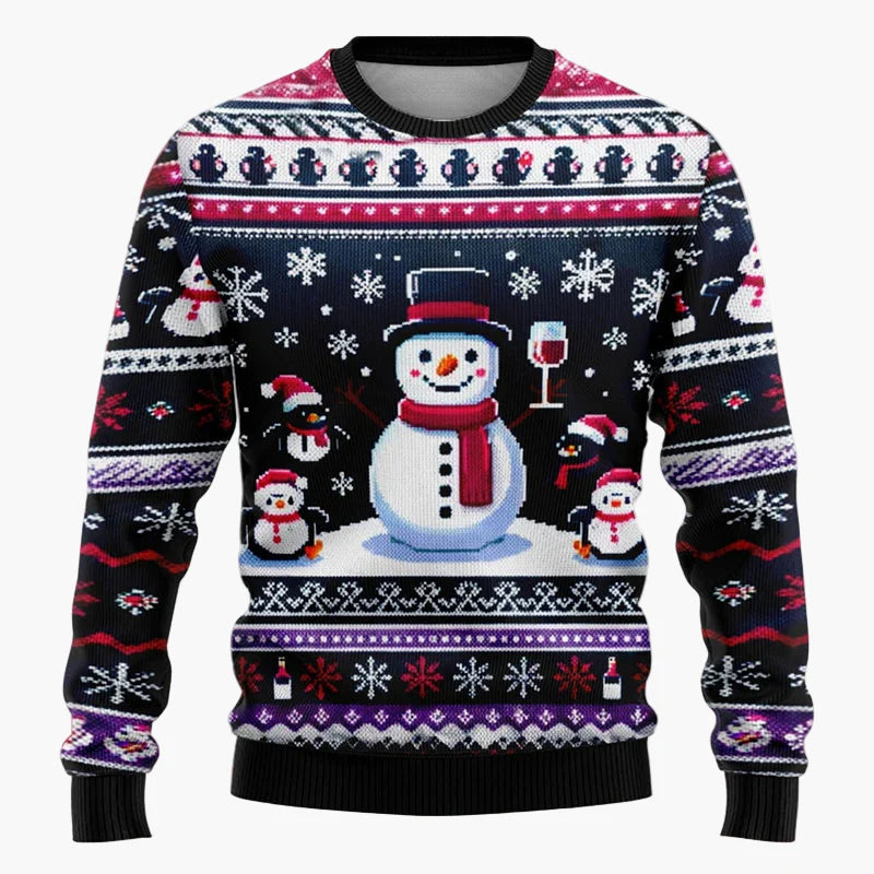 Pull de Noël fantaisie unisexe – Scène festive avec Père Noël et bonhomme de neige, idéal fêtes et cadeaux