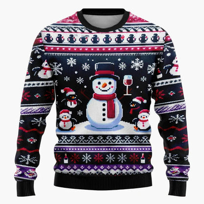 Pull de Noël fantaisie unisexe – Scène festive avec Père Noël et bonhomme de neige, idéal fêtes et cadeaux