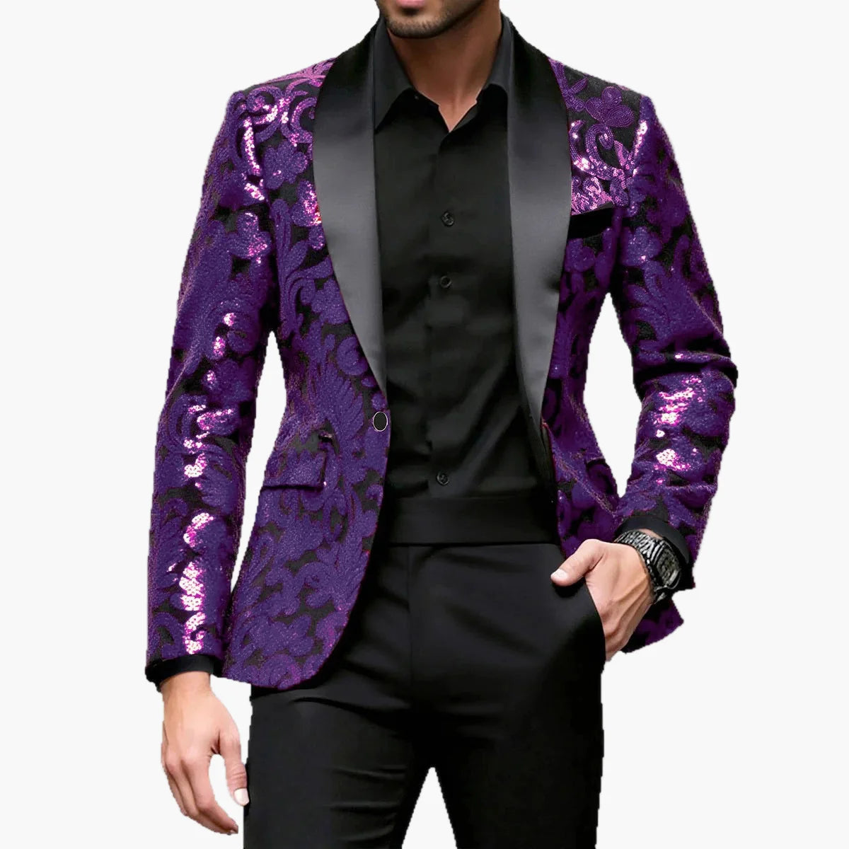 Veste de soirée homme style smoking à motifs brodés, idéale pour événements élégants et fêtes