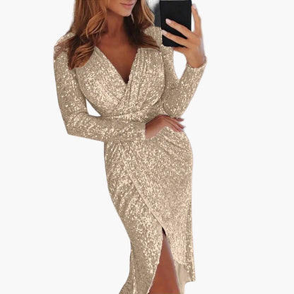 Robe Femme Élégante Décolleté Plongeant Manches Longues Style Nuit Club et Soirée