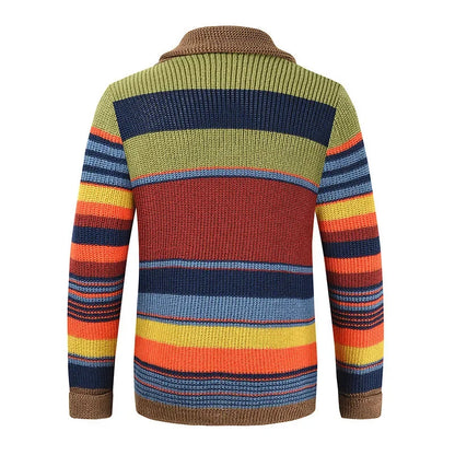 Stanley – Cardigan à Rayures Multicolores pour Homme – Tricot Rétro avec Col en V et Fermeture à Boutons