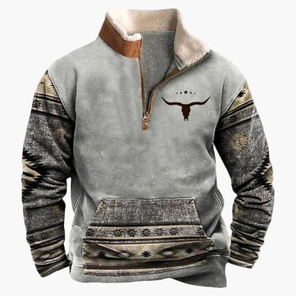 Pull polaire zippé style western pour homme, manches à motif ethnique, usage décontracté