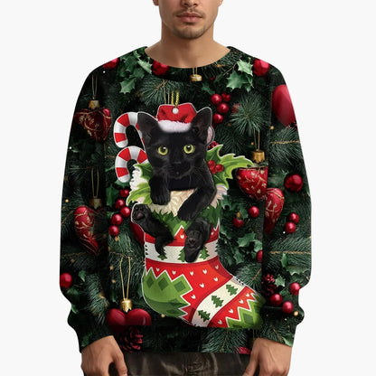 Sweat-shirt de Noël homme motif chat avec pull tricoté – Style festif et original