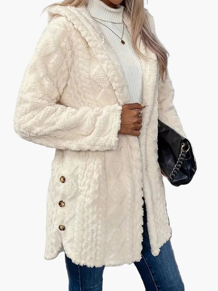 Veste doudou femme style décontracté avec capuche et boutons décoratifs – Idéale pour l'automne et l'hiver
