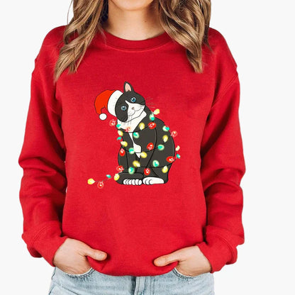 Sweatshirt Femme Style Noël avec Chat et Guirlandes Lumineuses – Idéal pour les Fêtes d’Hiver