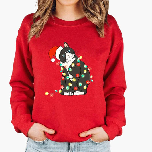 Sweatshirt Femme Style Noël avec Chat et Guirlandes Lumineuses – Idéal pour les Fêtes d’Hiver