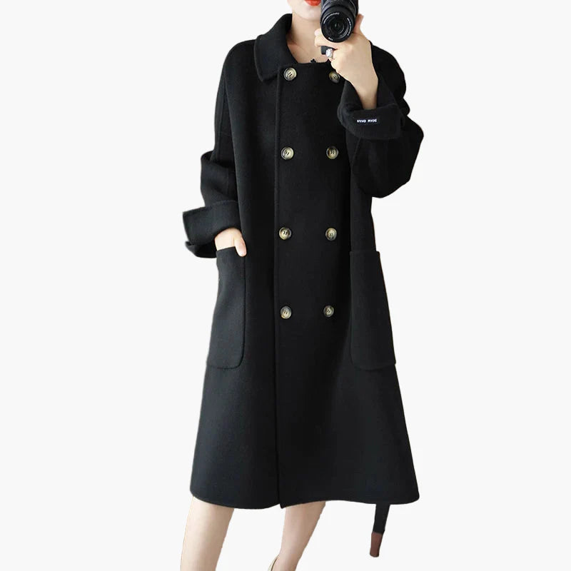 Manteau long femme élégant à double boutonnage style urbain chic
