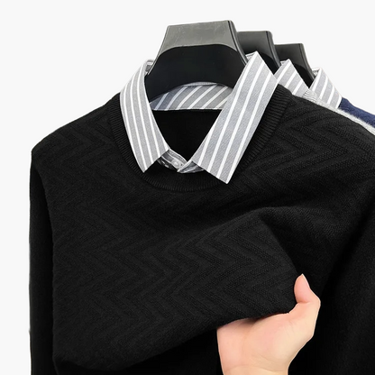 Pull col chemise effet superposé pour homme, style décontracté chic, idéal bureau et quotidien