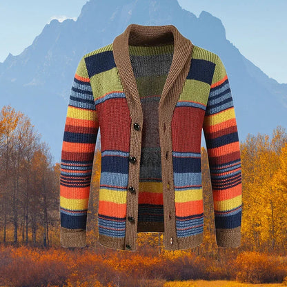 Stanley – Cardigan à Rayures Multicolores pour Homme – Tricot Rétro avec Col en V et Fermeture à Boutons