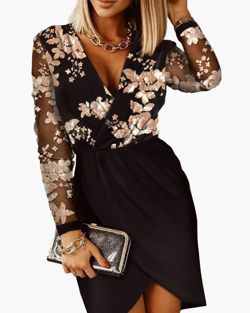 Robe de soirée femme élégante style cocktail à paillettes, manches longues, coupe tendance