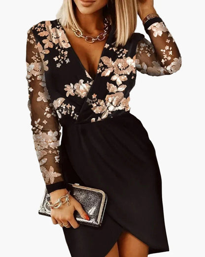 Robe de soirée femme élégante style cocktail à paillettes, manches longues, coupe tendance