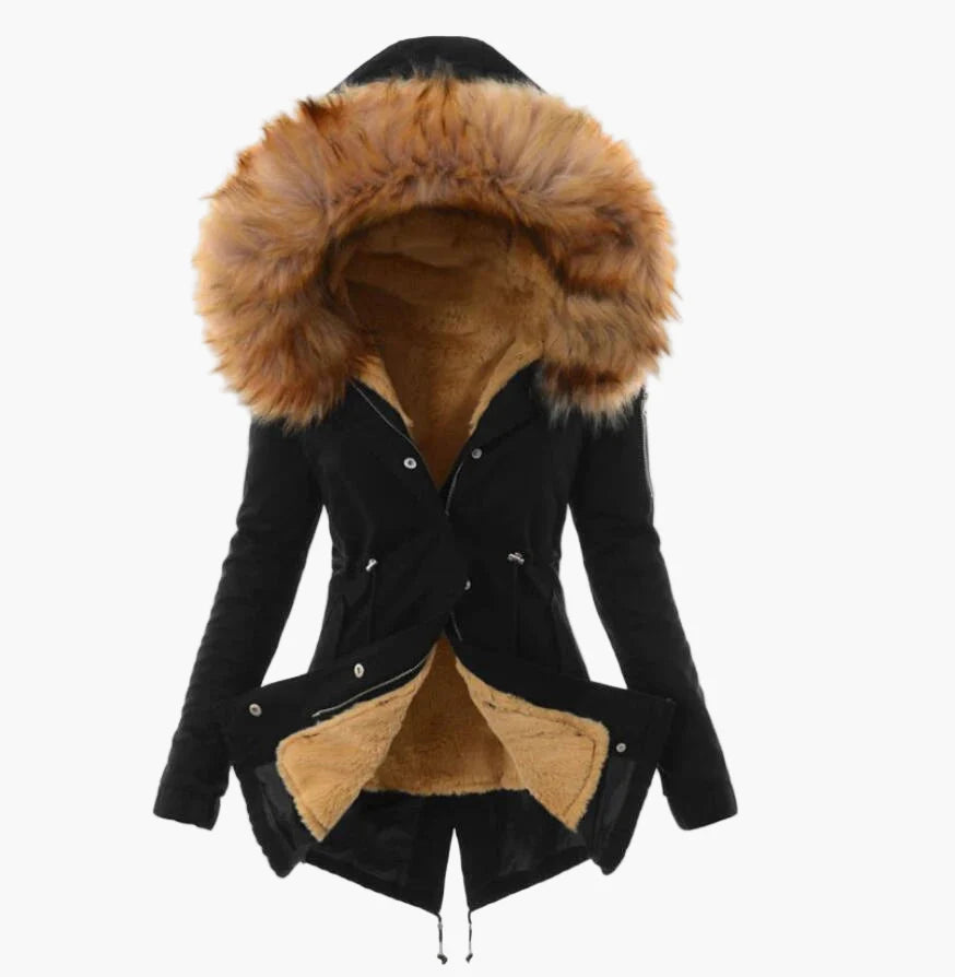 Manteau d'hiver femme élégant à capuche large fourrée style urbain chaud