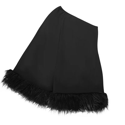 Ailani - Mini Robe Asymétrique Bordée de Plumes - Noir