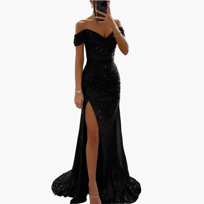 Robe de soirée longue femme fendue épaules dénudées style glamour pour bal ou cérémonie