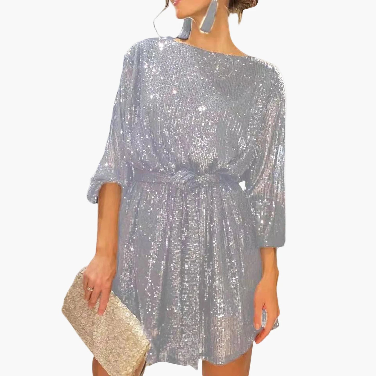 Robe de soirée à paillettes femme coupe ample manches longues – Style chic et glamour pour cocktail, fête ou événement spécial