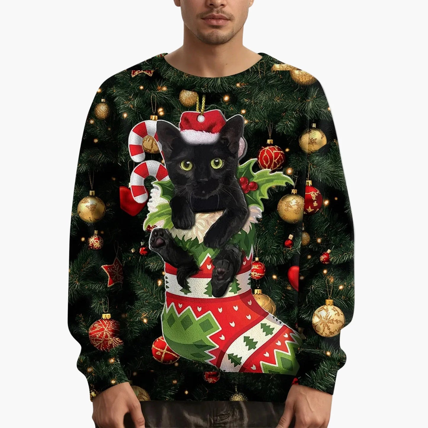 Sweat-shirt de Noël homme motif chat avec pull tricoté – Style festif et original